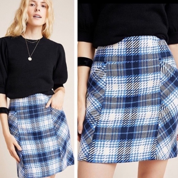 Anthropologie x Maeve Mini Pencil Skirt Plaid Pockets Academia Blue Black Sz 14 - Picture 2 of 16